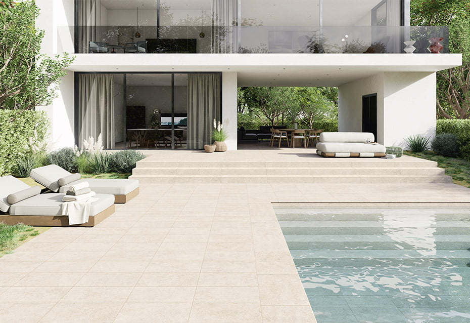 SAONA WHITE 30,3x61,3 · 12''x24'' · PELDAÑO BLOCK CON GOTERÓN SAONA WHITE 120x33/1,4 · 48''x13''/0,5'' · BORDE PISCINA SAONA WHITE 61,3x28/4 · 24''x11''/1,5'' · ESQ. BORDE PISCINA INT. SAONA WHITE 61,3x28x43,5/4 · 24''x11''x17''/1,5''