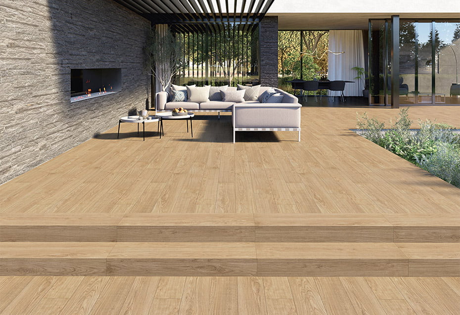 SHERWOOD OAK ANTISLIP 20x120 · 8''x48'' · PELDAÑO RECTO ANTISLIP SHERWOOD OAK 120x33/3 · 48''x13''/1'' · FRONTAL SHERWOOD OAK 15x120 · 6''x48''