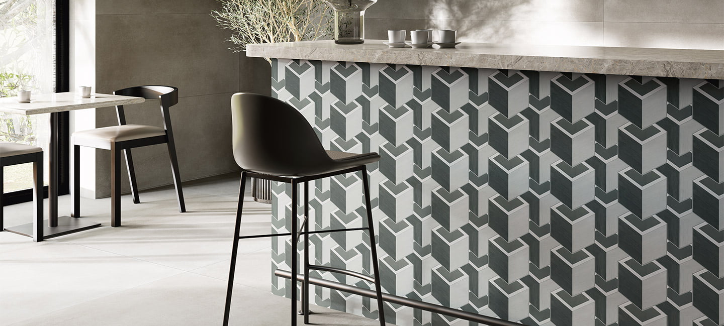 TRIART CUBUS BLACK 17,2x17,5 · 6,8''x6,9'' · TRIART CUBUS HEX BLACK 17,2x17,5 · 6,8''x6,9''<br>HERITAGE CLAY PEARL 60x120 · 24''x48'' · HERITAGE CLAY PEARL 120x120 · 48''x48''